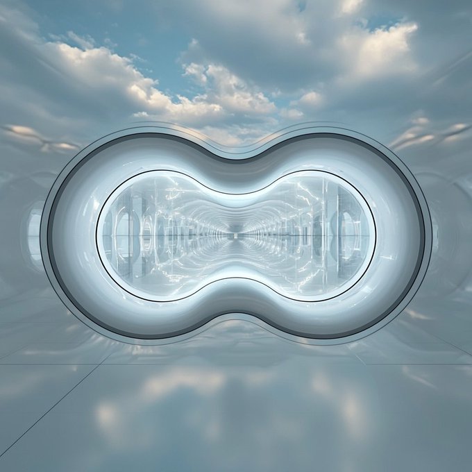 A futuristic, surreal architectural rendering featuring a smooth metallic infinity-shaped portal opening to a glowing tunnel under a cloudy sky.