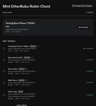 A Mint EtherBubu Robin Chest interface displays various mint schedule items including free Testing Burn Phase (TEAM) at 4:00 PM GMT+1 and paid mint options like Bubu Patriot (GTO) and Bubu Soldier at 0.2 ETH, with most marked SOLD OUT.