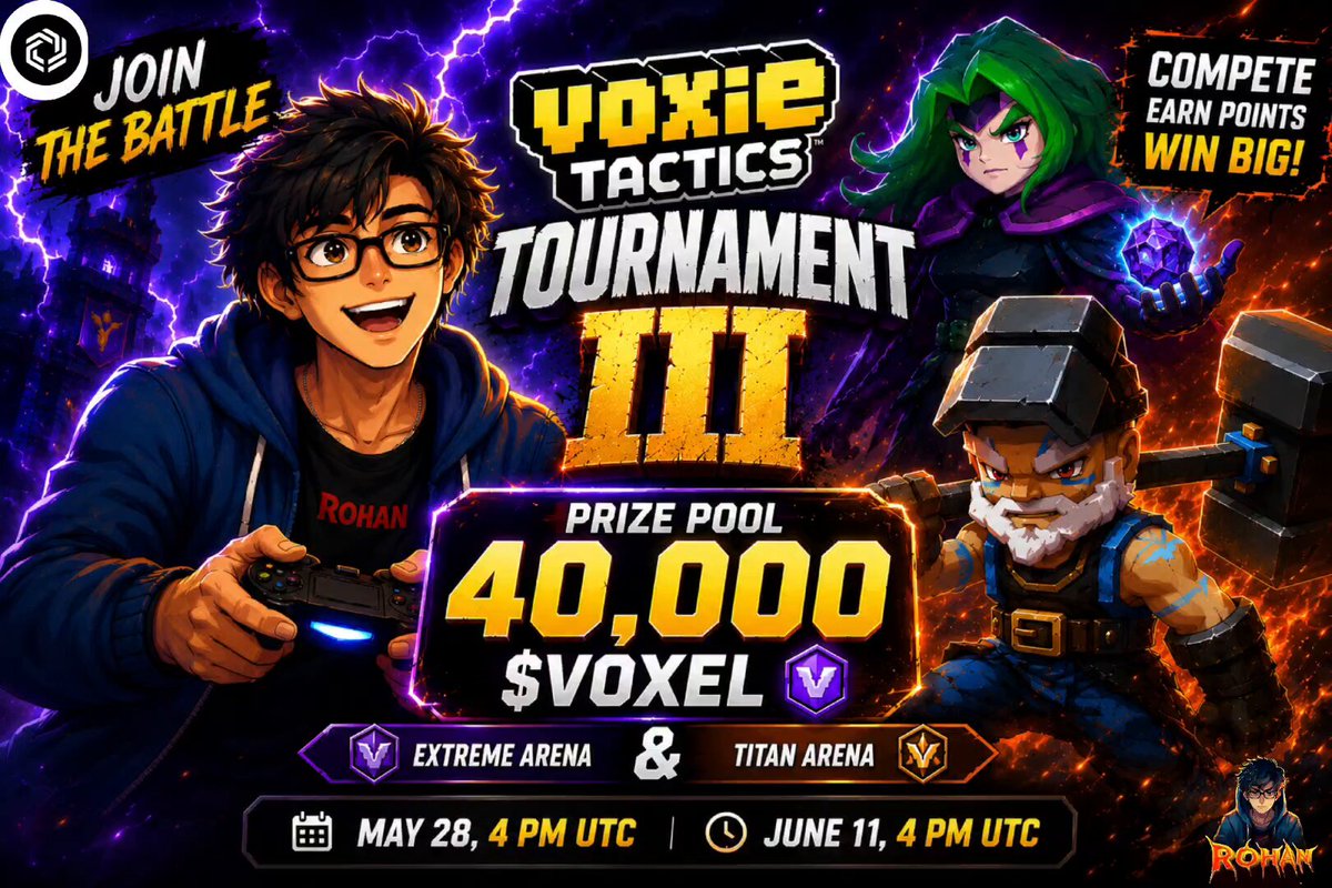 The image features a poster advertising a game titled "Voxie Tactics Tournament III", featuring two men engaged in combat with cartoon characters within a vibrant purple-orange color scheme. The poster encourages viewers to participate in the tournament by clicking on the text below, which reads "Join the battle and win big". Additionally, there is an offer of a reward pool for anyone who decides to enter the tournament, offering $40,000 worth of rewards.