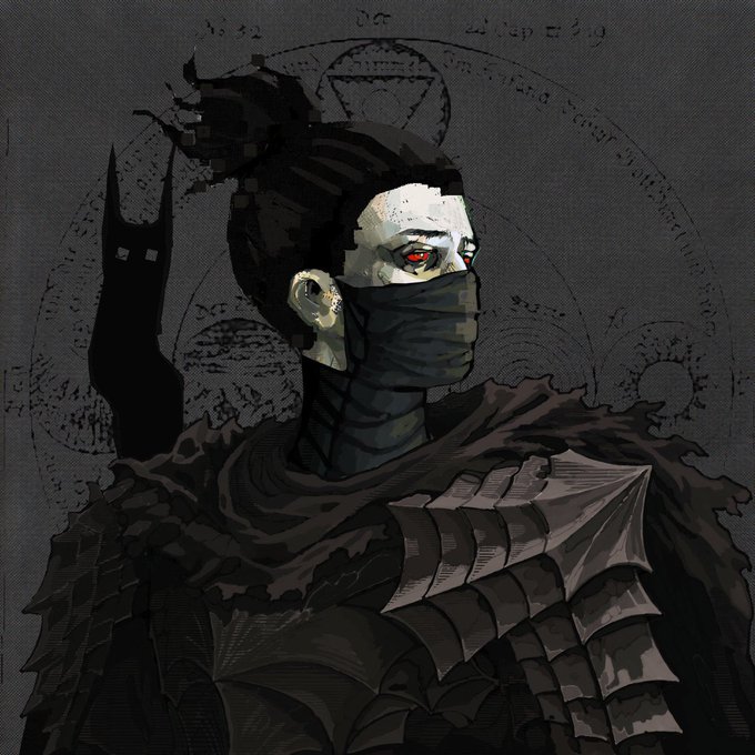 A dark, stylized portrait of a masked, armored figure with glowing orange eyes and shadowy cat-like creatures in the background, set against arcane circular runes — fitting the mystical aesthetic of a SherwoodNFT collection showcase.