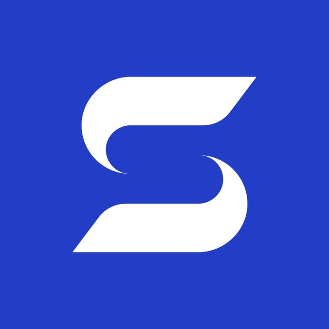 A blue square logo featuring a stylized white letter 'S' or '5' with a glossy, three-dimensional ribbon-like design.