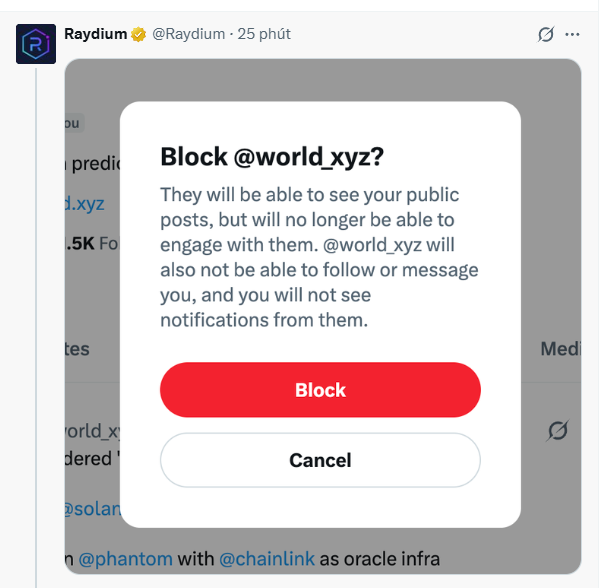 A confirmation prompt to block @world.xyz on X, showing that the user can still see public posts but won't be able to engage with, follow, or receive notifications from the account. The post suggests the user is abandoning Solana projects to support World (WLD), prompting the decision to block @world.xyz.