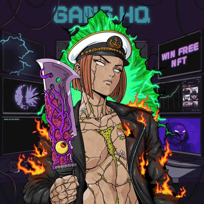 A vibrant anime-style NFT-style artwork featuring a red-haired character in a sailor cap and leather jacket holding a purple blade, surrounded by flames and green energy, with 'GANG.JHO' text and a 'WIN FREE NFT' sign in the background.