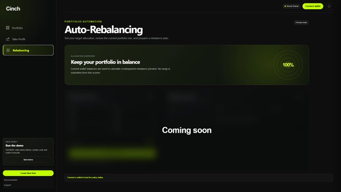 A dark-themed fintech dashboard for 'Cinch' showing a 'Portfolio Automation' page titled 'Auto-Rebalancing' with a 'Coming soon' message and a 'Run the demo' prompt to create beta data.