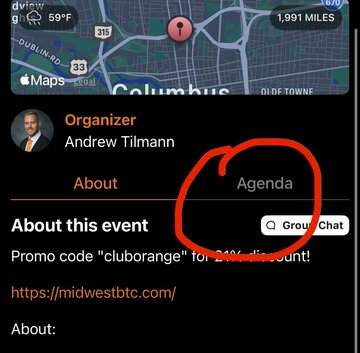 A mobile event page screenshot shows a cycling event in Columbus with organizer Andrew Tilmann, where the word 'Agenda' is circled in red.