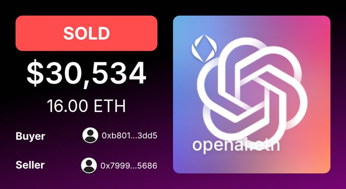 The image displays a "SOLD" notification for an ENS-related NFT, with a final sale price of $30,534 (16.00 ETH), featuring the OpenSea logo. This aligns with the post "ENS is back baby," as it showcases a high-value ENS domain sale, signaling renewed interest and activity in the Ethereum Name Service marketplace.