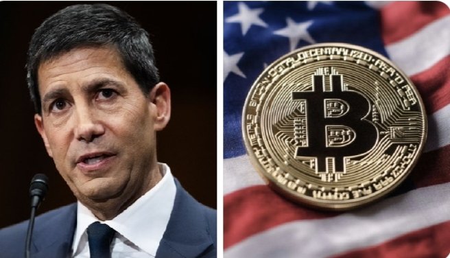 The image features a man speaking into a microphone with an American flag behind him. The caption reads "BREAKING: Fed Chair Kevin Warsh says Bitcoin is the new gold." This statement suggests that the man's opinion about Bitcoin being a superior store of value compared to traditional gold aligns with the views of the Federal Reserve Chair, who has repeatedly argued in favor of Bitcoin as a valuable asset for the digital age.

The image also includes a close-up of a Bitcoin coin or token, which is placed on top of an American flag. This visual representation emphasizes the connection between the man's statement and the actual object being discussed.
