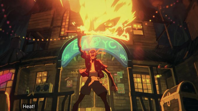 An animated scene shows a character standing triumphantly before a burning building with a neon 'Lucky 306' sign, with the subtitle 'Heat!' displayed.