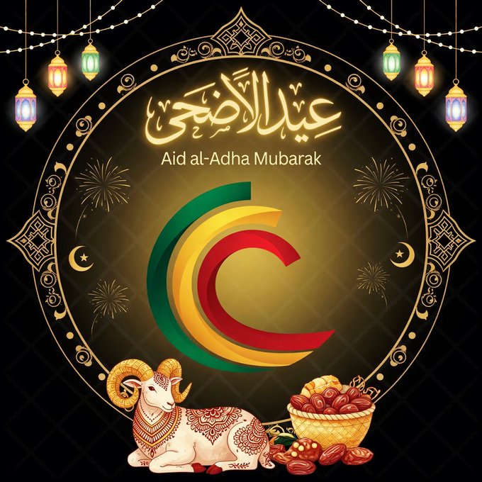 The image features a festive scene with a large circle of lights surrounding a white goat that has horns. The goat is positioned at the center of the circle, surrounded by various objects such as a basket filled with dates and a bowl containing nuts. The background includes lanterns hanging from strings, adding to the celebratory atmosphere. The caption "From every node to every node - Eid Mubarak Wishing the BitTorrent community harmony, stability, and abundance this blessed day" suggests that the image is related to the Islamic holiday of Eid al-Fitr, which marks the end of Ramadan.