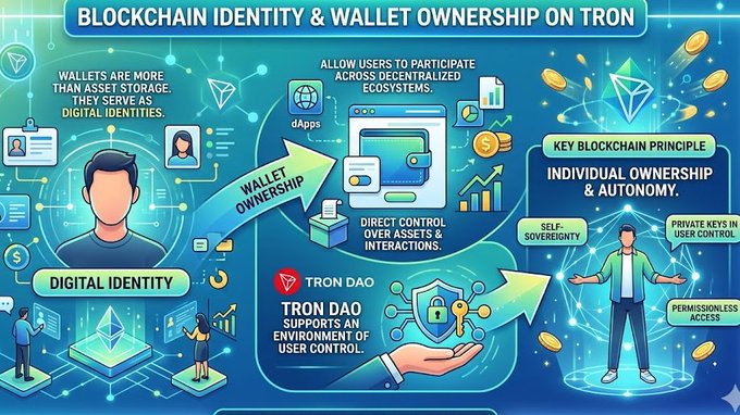 In the image, there is a colorful illustration of a flowchart depicting the concept of blockchain identity and wallet ownership on the cryptocurrency TRON. The chart features different symbols representing people interacting with digital identities and assets within the blockchain ecosystem. It explains that these wallets enable users to participate in various decentralized ecosystems beyond just storing their assets as traditional wallets do, providing more control over their digital identities and the value they represent.