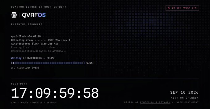 A dark terminal-style interface for 'QVRFOS FLASHING FIRMWARE' by QUIP NETWORK, with a countdown timer reading 17:09:59:58 and a mint date of SEP 10 2026.