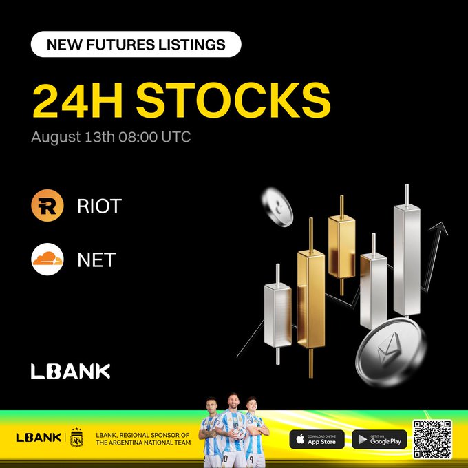 An advertisement for LBANK announces new futures listings for '24H STOCKS' on August 13th at 08:00 UTC, highlighting 'RIOT' and 'NET' with 3D candlestick charts, coin icons, and a promotional banner featuring Argentine national team footballers.