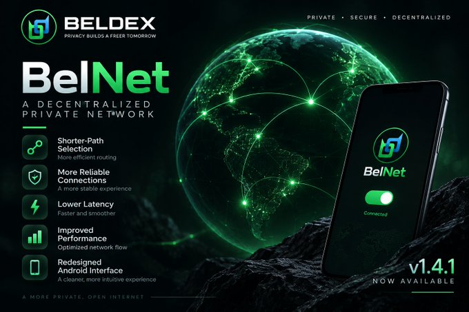 Promotional graphic for 'BelNet v1.4.1' by BELDOEX, advertising a decentralized private network with features like shorter-path selection, reliable connections, lower latency, improved performance, and a redesigned Android interface.