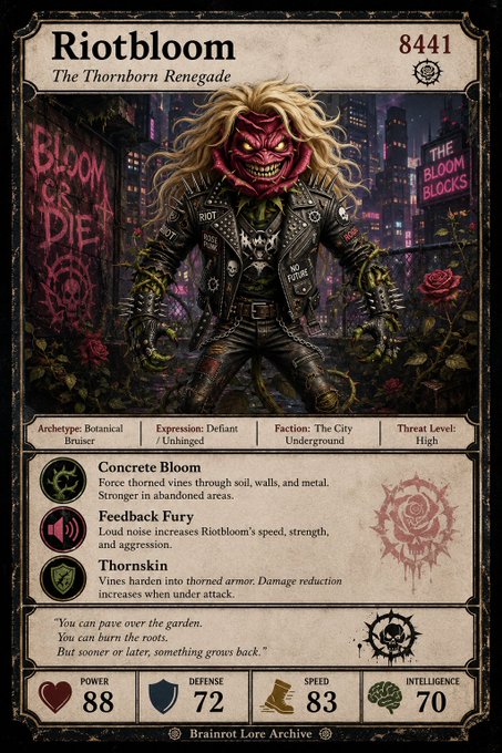 A trading card depicts "Riotbloom" (#8441), "The Thornborn Renegade," a menacing humanoid figure with a thorny rose-like head, wild blonde hair, and a spiked leather jacket, standing in a neon-lit urban alleyway with "BLOOM OR DIE" and "THE BLOOM BLOCKS" graffiti on the walls. The card details include the Botanical Bruiser archetype, Defiant/Unhinged expression, City Underground faction, High threat level, and stats like Power 88 and Speed 83, along with abilities such as "Concrete Bloom," "Feedback Fury," and "Thornskin," matching the accompanying post from @brainrotproject.