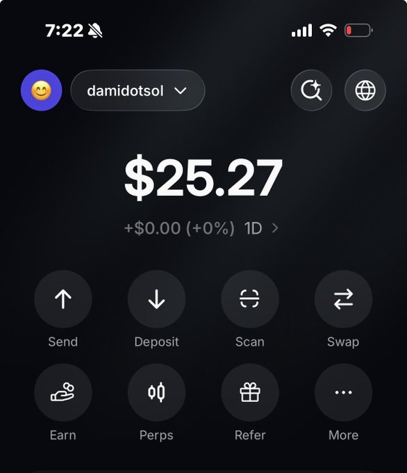 A crypto wallet screenshot showing the profile "damidotsol" with a $25.27 balance, eight action buttons (Send, Deposit, Scan, Swap, Earn, Perps, Refer, More), and a 7:22 timestamp at the top. The image supports the post by demonstrating that the user is ready to receive a SOL address to send funds to, prompting others to "drop" their wallet details.