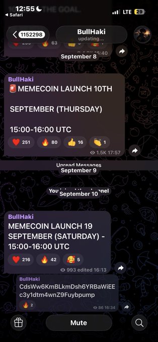 A screenshot of a Telegram chat with 'BullHaki' announcing 'MEMECOIN LAUNCH 10TH SEPTEMBER (THURSDAY) - 15:00-16:00 UTC' and later correcting it to 'MEMECOIN LAUNCH 19 SEPTEMBER (SATURDAY) - 15:00-16:00 UTC' along with a contract address.