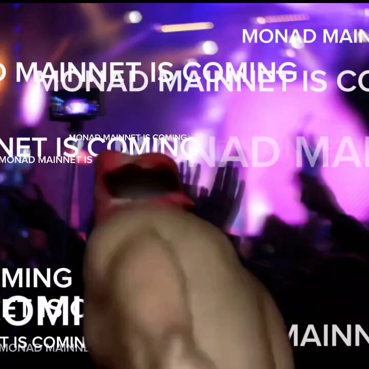 The image features a person with their mouth open, wearing a red mask that covers half of their face. The background shows a crowd of people at an event or concert, with purple lights illuminating the scene. The caption for the image reads "I like monad just because it's new and hasn't had its new shiny future of crypto moment". This phrase is related to the person wearing the red mask, as they are described as having a "monad mask" on their face that covers half of their face.