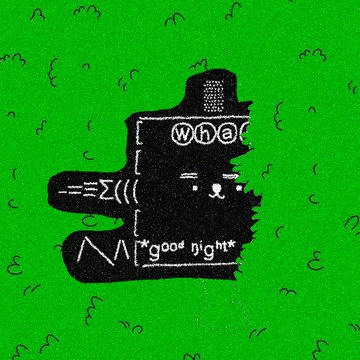 A digital illustration of a black cat-shaped character with text overlays including "what" and "*good bjglh*" against a green background with doodle patterns.