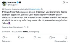 A screenshot of a German-language tweet from "Max Gulen" (@mxguln) discussing Bitcoin security concerns, where the accompanying post notes that 594 BTC (~$38 million) drained from approximately 500 COLDCARD wallets was unrelated to phishing or compromised computers.