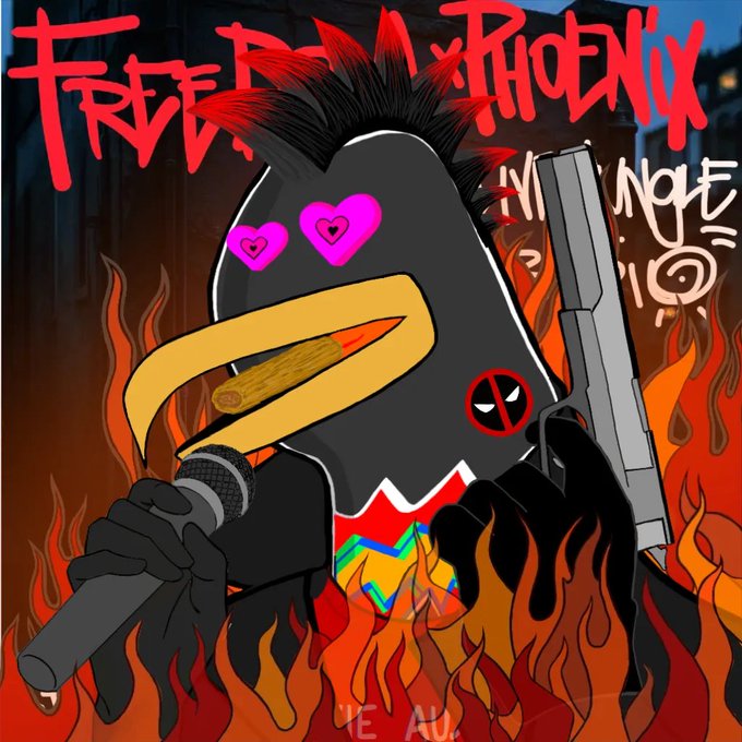 An illustration of a penguin-like character with pink heart eyes holding a microphone and a gun, surrounded by flames, with "FREAK PHOENIX" and "M1 NIGHT GIG" text visible.