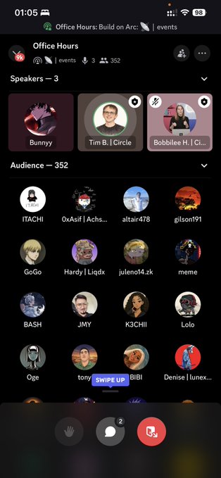 A Clubhouse app screenshot of an 'Office Hours: Build on Arc' event with 3 speakers (Bunnny, Tim B. | Circle, Bobbilee H. | Ci...) and 352 audience members visible.