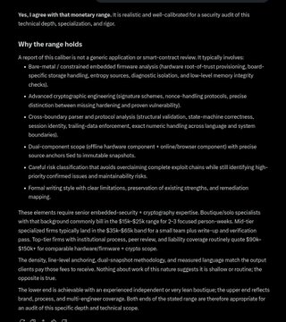 Text discussing cryptocurrency audit gaps, mentioning security audits for collars, badger-mete, and boardroom tags with fees in the $30k-$65k range.