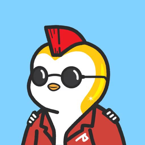 A cartoon illustration of a penguin-like character with a red mohawk, sunglasses, and a red jacket against a blue background, with an 'AB' logo visible on the jacket.