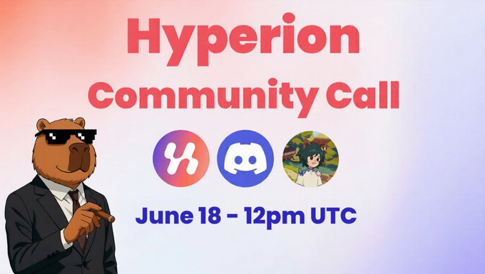 The image features a poster for a bi-weekly community call that will take place at the RION Creators Program from June 18th to 12pm UTC. The poster includes a cartoon bear wearing sunglasses, which is likely meant to represent Hyperion's mascot or theme. The text on the poster announces "Hyperion Community Call" and provides details about the event, such as the date, time, and location (June 18th at 12pm). Additionally, there are three different logos displayed on the poster: a blue circle with a white line through it, a purple circle with a white line through it, and a gray circle with a white line through it. These logos represent the Hyperion community call's logo and its associated platforms or services.