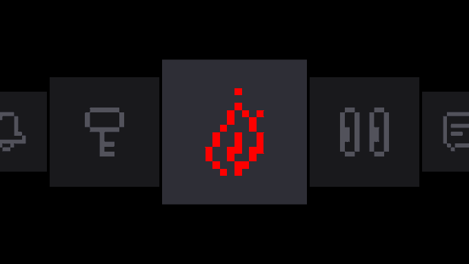A pixel-art style menu bar displaying several icons, with a red flame-like symbol highlighted in the center.