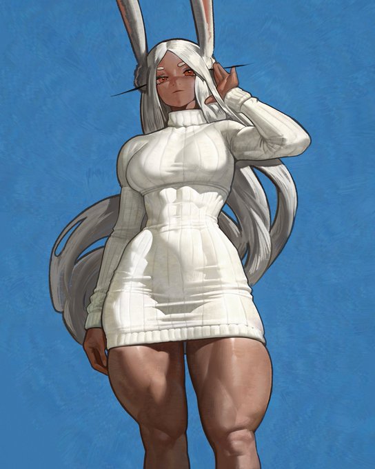 A digital illustration of a female anime-style character with long white hair, rabbit ears, and a tight white ribbed turtleneck sweater dress against a blue background.