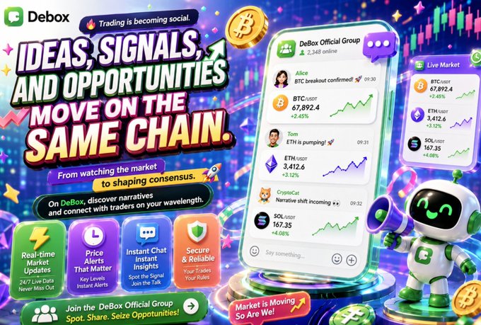 A vibrant promotional graphic for 'Debox' crypto trading app featuring the text 'IDEAS, SIGNALS, AND OPPORTUNITIES MOVE ON THE SAME CHAIN,' showing BTC/USDT at 67,892.4 and ETH/USDT at 3,412.6 with a green robot mascot.