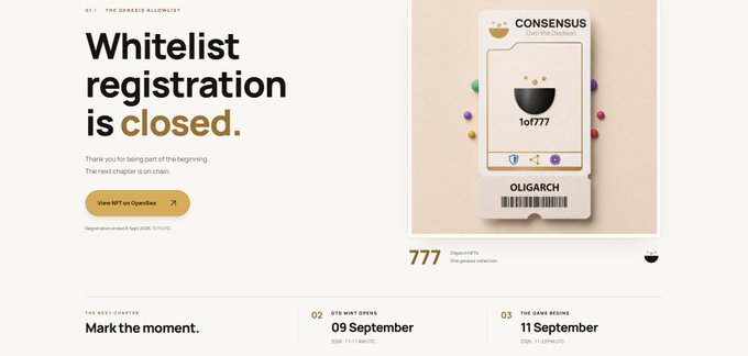 A webpage stating "Whitelist registration is closed" for "1of777" consensus, with registration dates marked for September 9 and September 11.