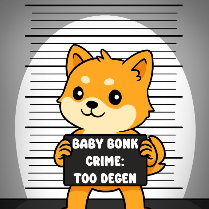 A cartoon illustration of a smiling orange dog (resembling a Shiba Inu) holding a black placard that reads 'BABY BONK CRIME: TOO DEGEN', posed against a height-chart background reminiscent of a police mugshot.