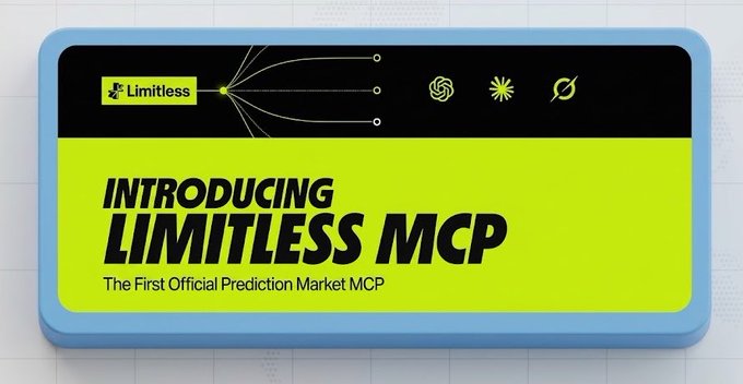 A promotional graphic with bright yellow and black design announces 'INTRODUCING LIMITLESS MCP - The First Official Prediction Market MCP' alongside logos for ChatGPT, Claude, and Perplexity.
