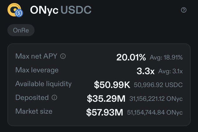 A dark-themed financial dashboard displaying statistics for 'ONyc USDC', including a Max net APY of 20.01%, Max leverage of 3.3x, and a Market size of $57.93M.