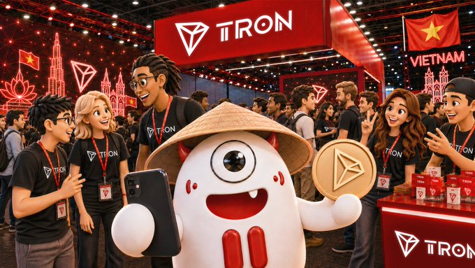 An AI-generated illustration of a TRON blockchain event in Vietnam, featuring a white cartoon mascot wearing a conical hat and holding a smartphone, surrounded by attendees in TRON-branded shirts with Vietnamese flags visible.