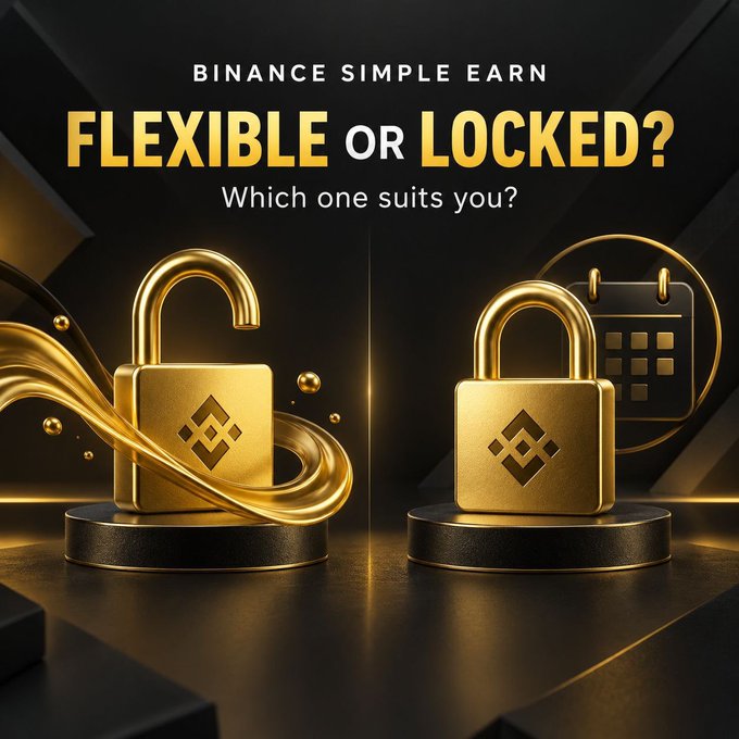 A Binance Simple Earn promotional graphic with the headline "FLEXIBLE OR LOCKED? Which one suits you?" featuring two gold padlocks—one open with flowing ribbons symbolizing Flexible access, and one closed with a calendar behind it representing Locked savings—visually contrasting the two earning options described in the post.