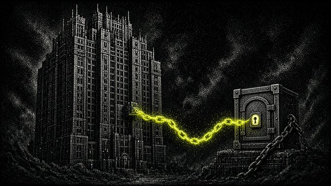 A pixel art illustration shows a glowing yellow energy stream connecting a gothic skyscraper to a chained, treasure-like box.