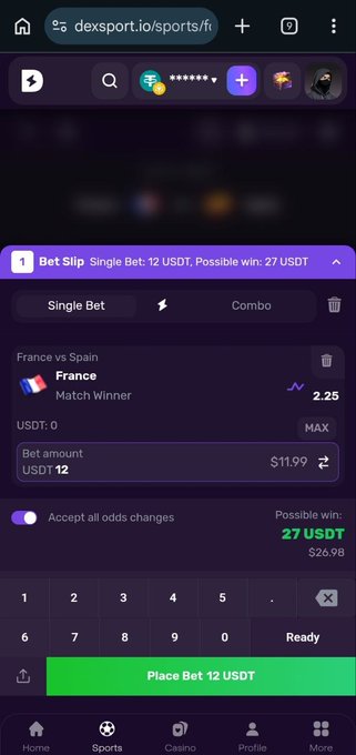 A mobile screenshot of the dexsport.io sports betting platform showing a bet slip for France vs Spain with 12 USDT wagered and a possible win of 27 USDT.