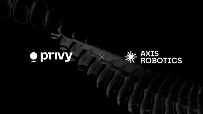 A black promotional graphic featuring the 'privy' and 'AXIS ROBOTICS' logos separated by an 'x', set against a background showing a curved line of mechanical components.