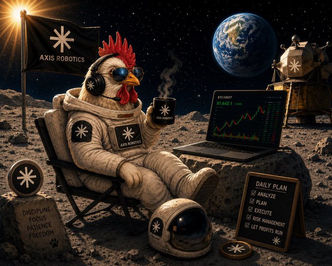 A rooster dressed as an astronaut lounges on the moon next to a laptop displaying BTC-USDOT at 67,642.1, with "AXIS ROBOTICS" branding on a flag, mug, and patches, alongside a "DAILY PLAN" board listing Analyze, Plan, Execute, Risk Management, and "Let Profits Run"—visually capturing the post's theme of disciplined, tiered crypto trading strategies at Axis Robotics where referral multipliers can be recalibrated each epoch rather than permanently locked.
