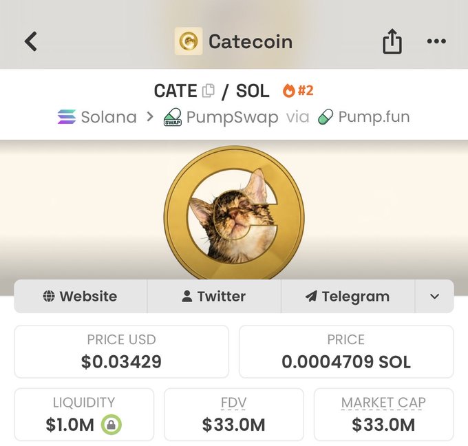 The image shows a cryptocurrency details page for "Catecoin" (CATE) on the Solana blockchain via PumpSwap, displaying a price of $0.03429, market cap of $33.0M, liquidity of $1.0M, and ranking #2. This aligns with the post noting the token has gained $10M in market cap, as the current $33.0M valuation reflects the significant growth being celebrated.