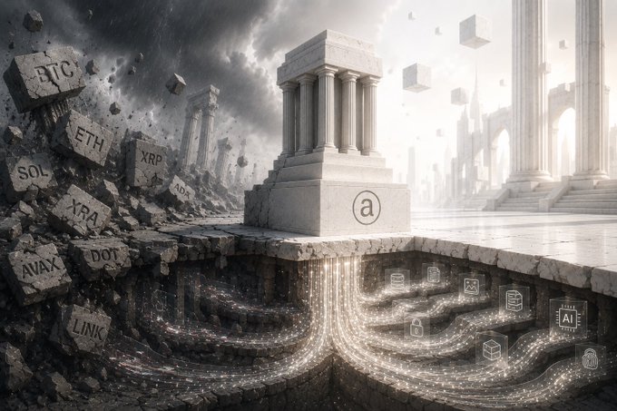 The image features a white stone column with an "A" on top, surrounded by rubble and debris. The scene depicts a cityscape with buildings of various sizes scattered throughout the area. The text in the image reads "Good Morning Market sentiment has been overwhelmingly bearish. Many assets struggled during the dip. Yet $AR showed unusual strength. Utility and demand don’t always follow market mood. Cycles fade. Hype fades.", which is related to the post about the stock market.