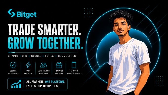 In this image, there's an illustration of a man dressed casually wearing a white t-shirt against a black background with blue lines forming circles around him. The main focus of the image appears to be the logo or text that says "bitget", along with the phrase "Trade Smarter. Grow Together." The message is related to trading and market growth, and it seems like a social media post or an advertisement for the Bitget platform.