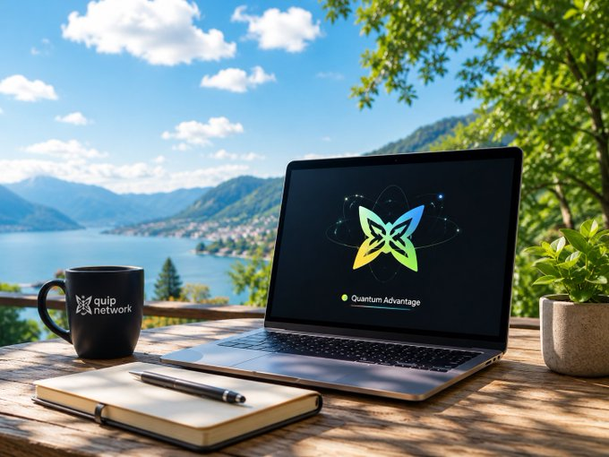A scenic workspace with a laptop displaying a green and yellow butterfly logo labeled 'Quantum Advantage', accompanied by a black 'quip network' mug, a notebook, and a pen on a wooden table overlooking a mountain lake.