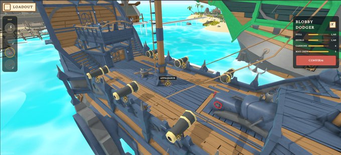 A video game screenshot shows a pirate ship deck with cannons, a 'LOADOUT' menu on the left, and a 'BLOBBY DODGER' ship stats panel on the right.