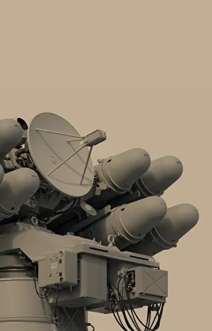 A detailed 3D render of a military surface-to-air missile system featuring multiple missile tubes and a radar dish mounted on a vehicle.