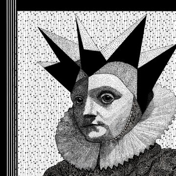 A black-and-white illustration of a figure with a spiked jester hat and a ruffled collar, resembling a harlequin or court jester.