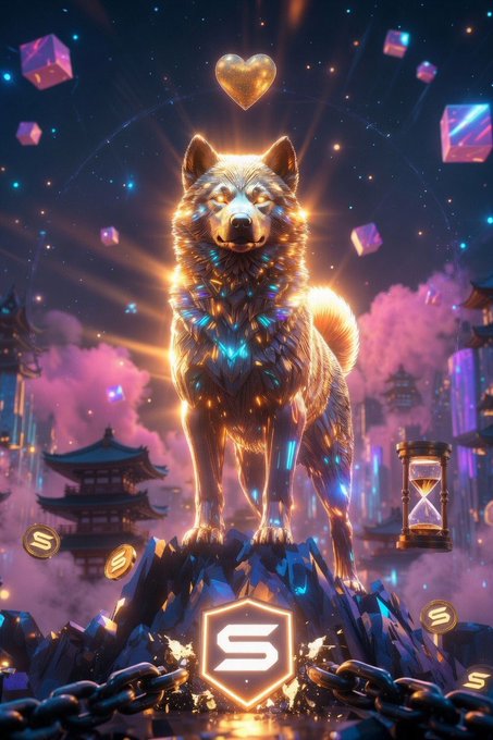 This image depicts a glowing Shiba Inu with cubic and hourglass motifs, possibly representing the $HACHI token burn event detailed in the accompanying text.