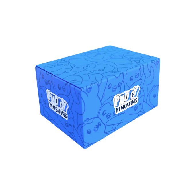 A blue product box with the 'PUDO PENGUINS' logo, featuring a pattern of penguin outlines across its surface.